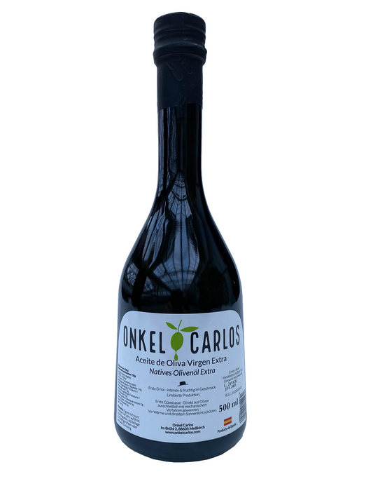 ONKEL CARLOS - Natives Olivenöl Extra 500ml, 100% Serrana Oliven aus Spanien. Fruchtig & Intensiv. "Das Erste".