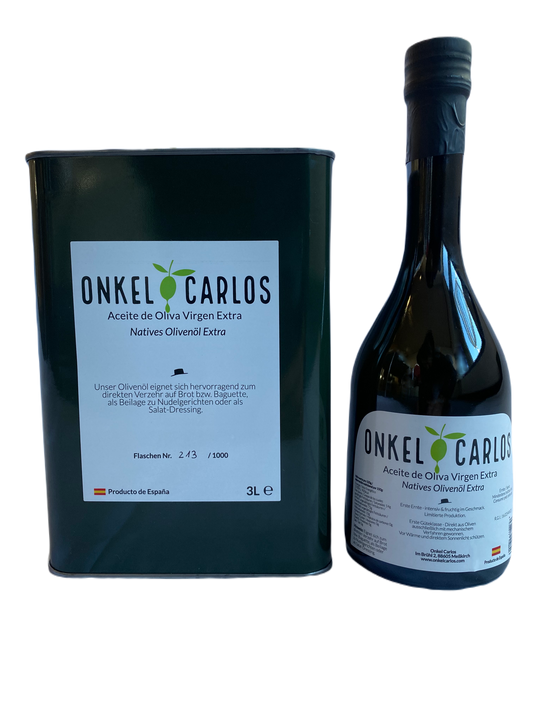 ONKEL CARLOS -1x Kanister 3 Liter Natives Olivenöl Extra + 1x Flasche 500ml Frühreife grüne Oliven Olivenöl 100% Serrana Oliven aus Spanien