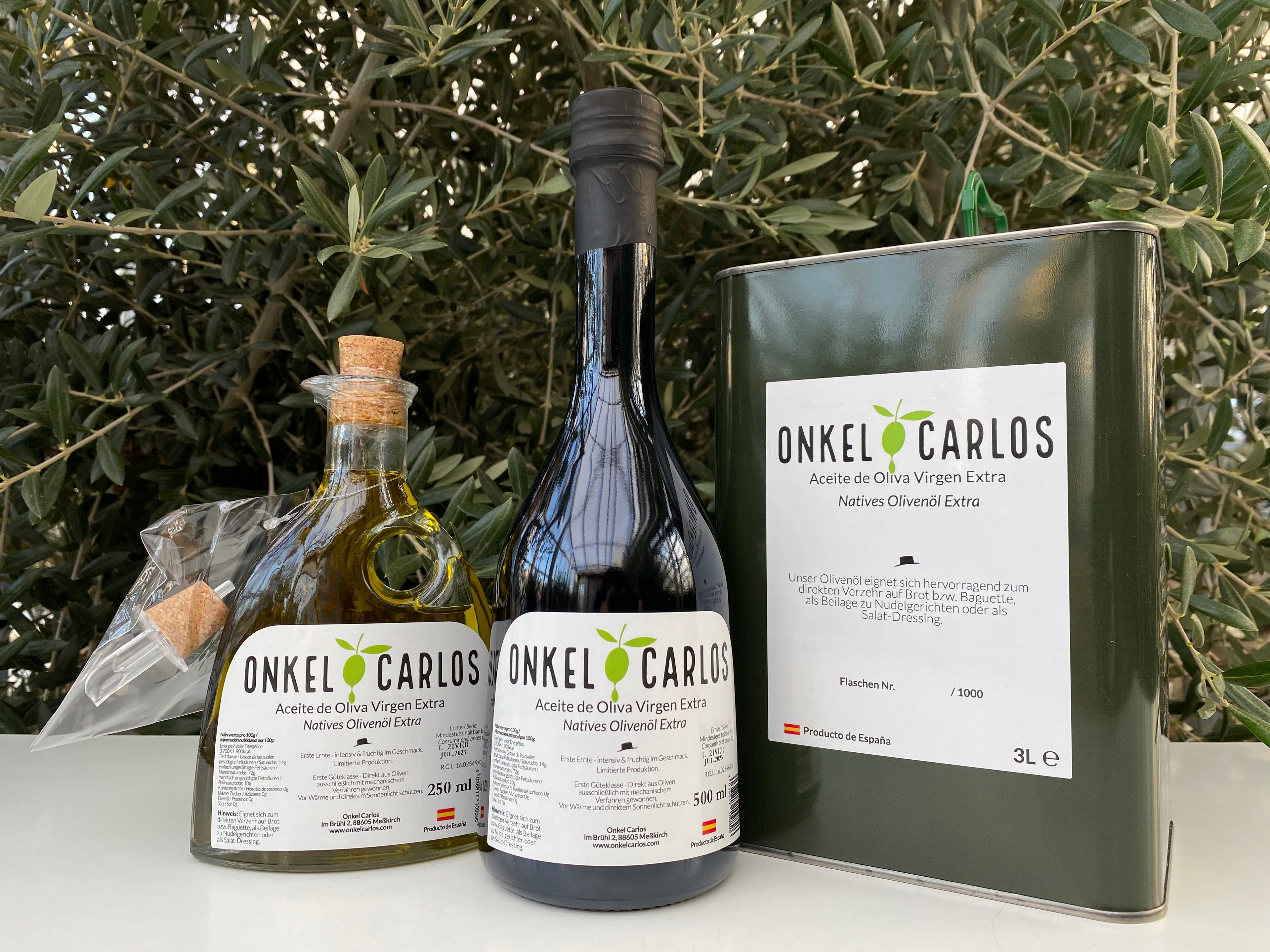 natives olivenöl extra bio Onkel Carlos Dose glasflasche Spanien grünes öl frühe Ernte, instensiv und frichtig im Geschmack. Premium oliven öl kalt extraktion, traditional. Gutes oliven oel. 5Liter 3 Liter 500ml 250ml 