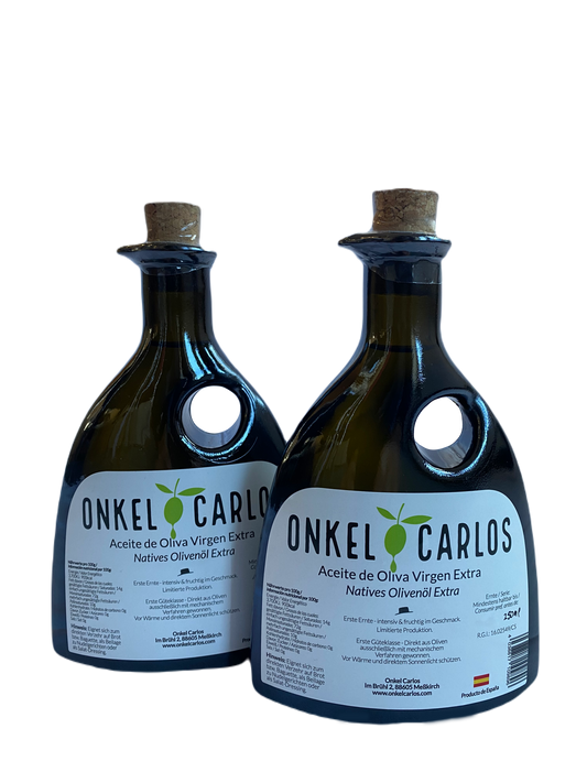 2x Flaschen ONKEL CARLOS Natives Olivenöl Extra 250ml, 100% Serrana Oliven aus Spanien. Fruchtig & Intensiv. (500ml insgesamt)