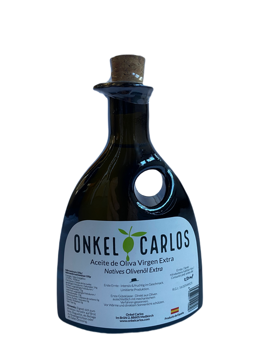 ONKEL CARLOS - Natives Olivenöl Extra 250ml, 100% Serrana Oliven aus Spanien. Fruchtig & Intensiv. "Das Erste".