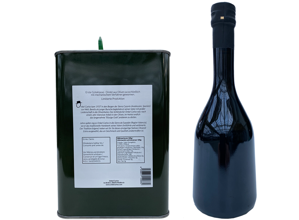 ONKEL CARLOS -1x Kanister 3 Liter Natives Olivenöl Extra + 1x Flasche 500ml Frühreife grüne Oliven Olivenöl 100% Serrana Oliven aus Spanien