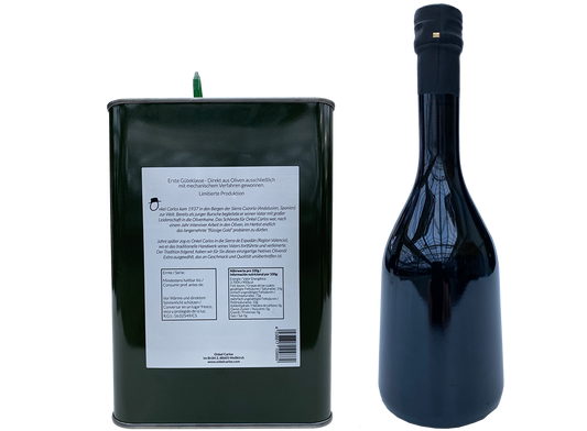 ONKEL CARLOS -1x Kanister 3 Liter Natives Olivenöl Extra + 1x Flasche 500ml Frühreife grüne Oliven Olivenöl 100% Serrana Oliven aus Spanien