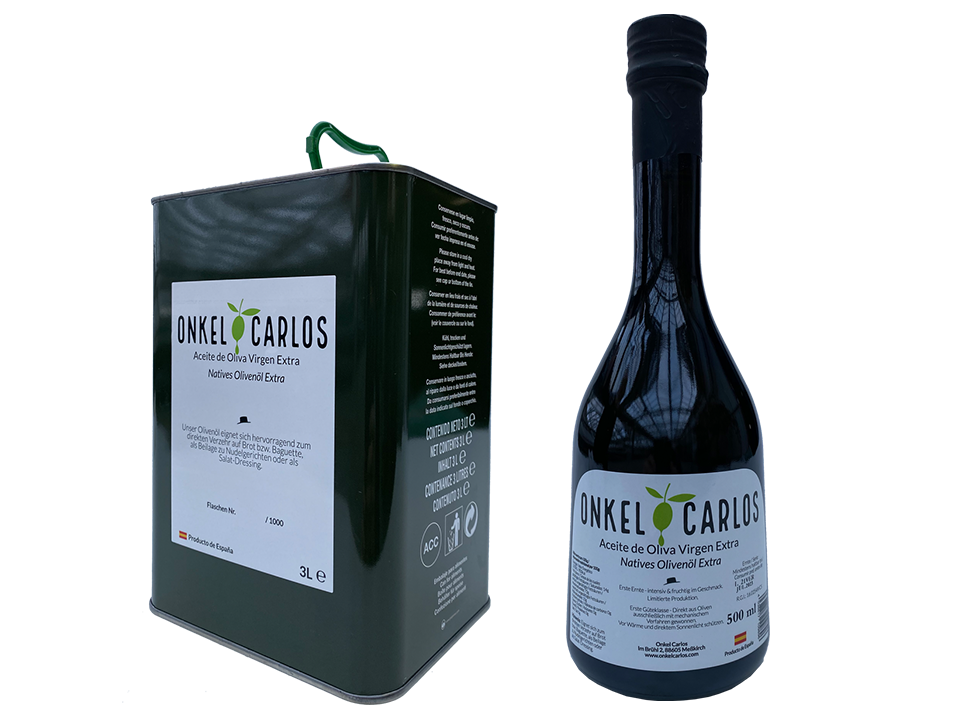 ONKEL CARLOS -1x Kanister 3 Liter Natives Olivenöl Extra + 1x Flasche 500ml Frühreife grüne Oliven Olivenöl 100% Serrana Oliven aus Spanien