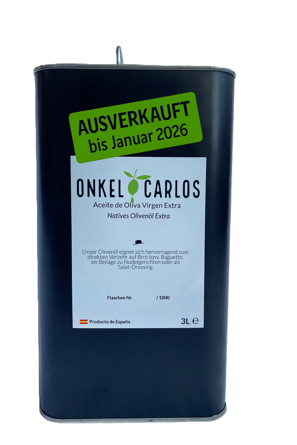 ONKEL CARLOS - Natives Olivenöl Extra 3 Liter, Ernte 2025, 100% Serrana Oliven aus Spanien