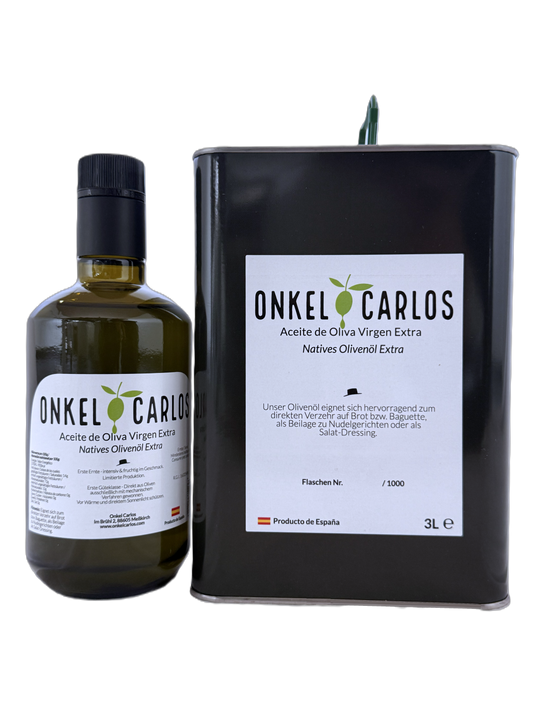 ONKEL CARLOS – Sparset: 3L Natives Olivenöl Extra + 500ml  frühe Ernte | Aromatisch | Fruchtig & Intensiv